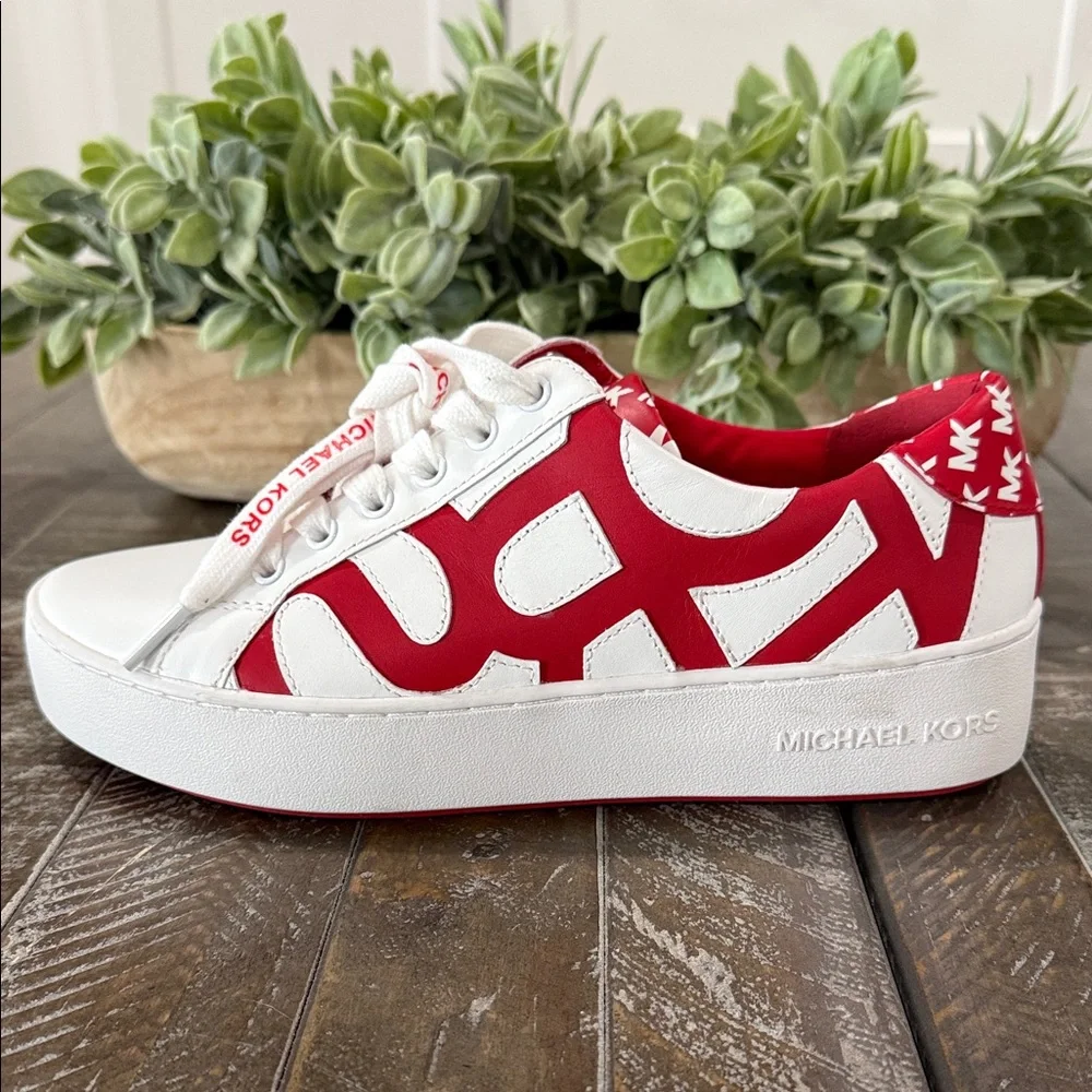 NWT Michael Kors Poppy Graphic Logo Leather Sneakers - White/Red - Size 7 1/2